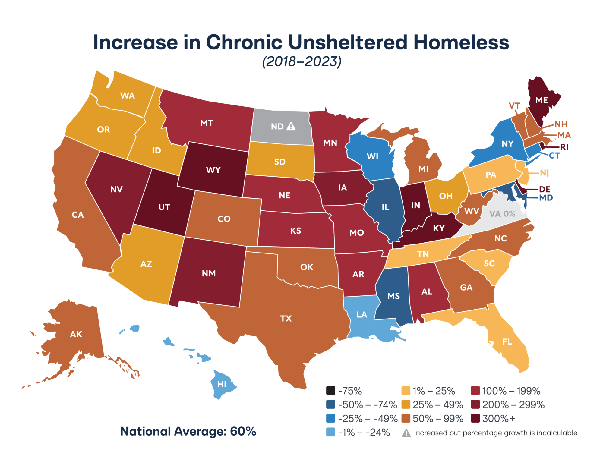 Map of increase in chronic unsheltered homeless