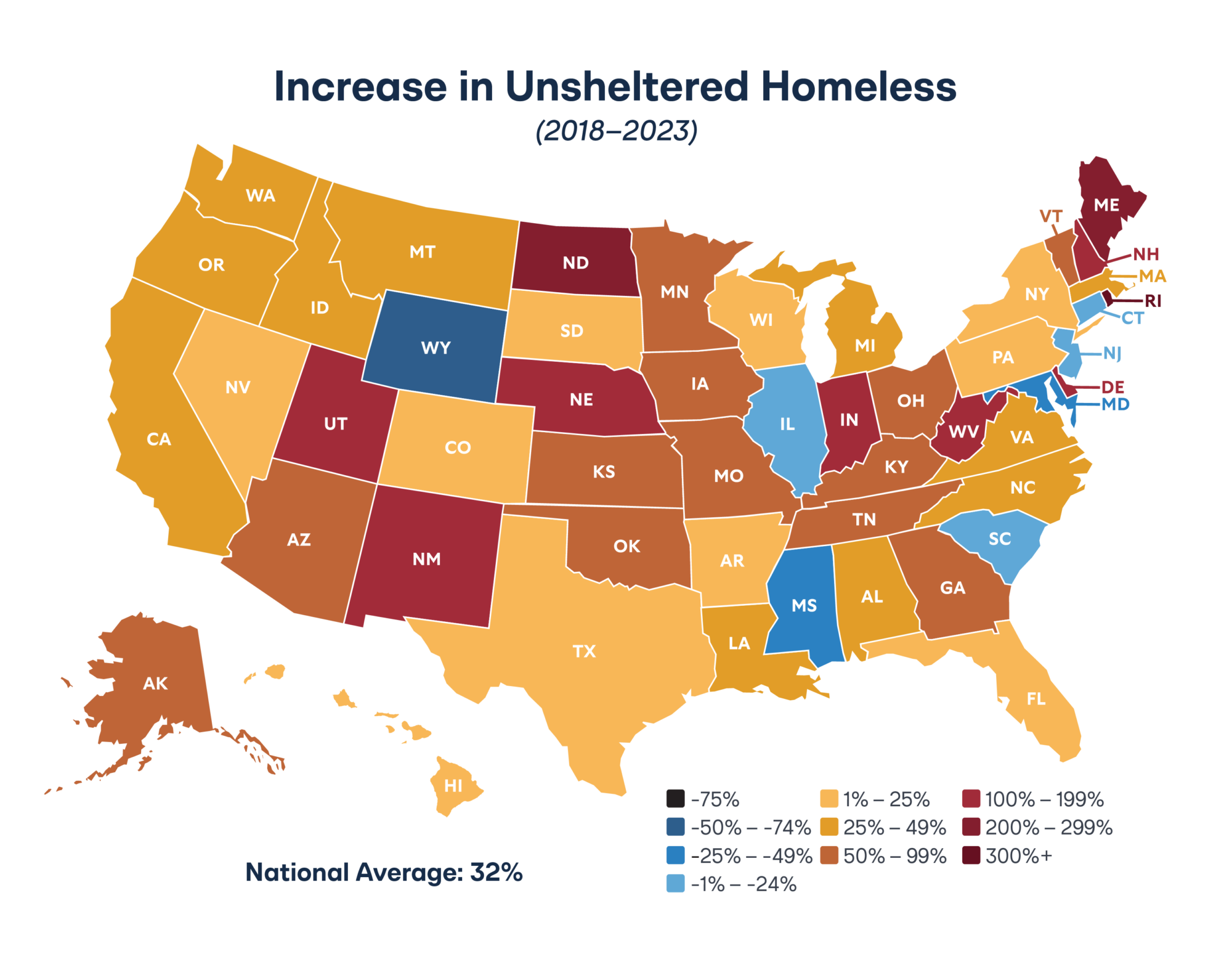 Map of increase in unsheltered homeless