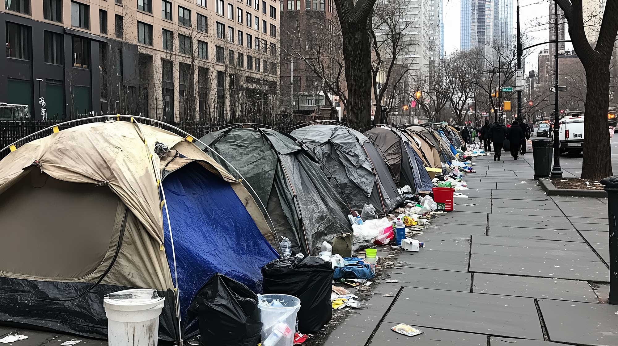 homeless tents along a busy city sidewalk