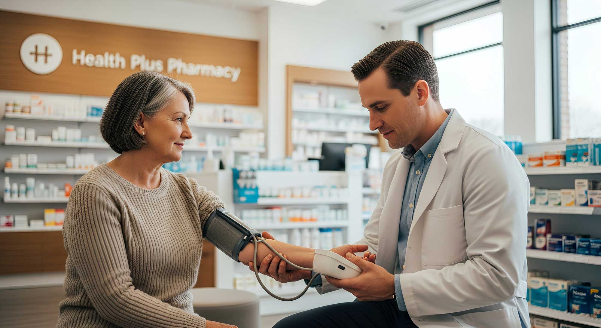 pharmacist taking blood pressure