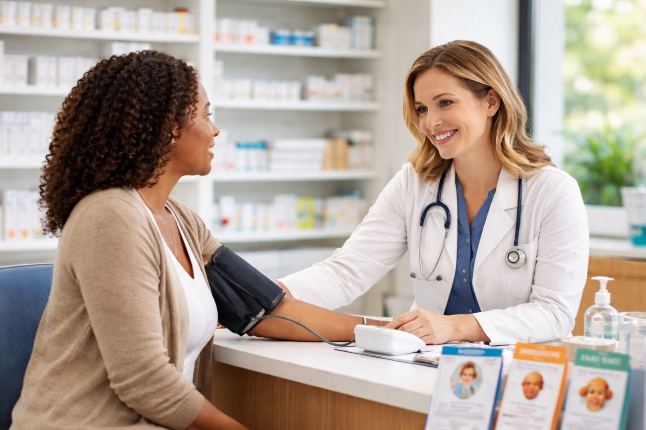 pharmacist taking blood pressure