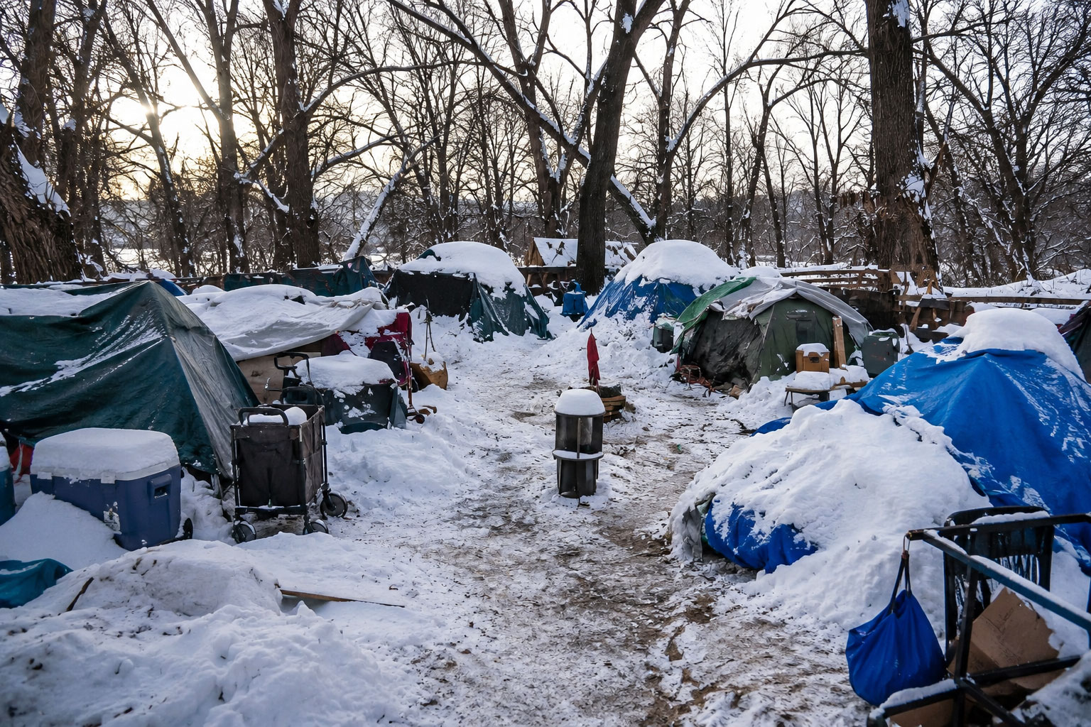a homeless encampment on the side of the highway in winter