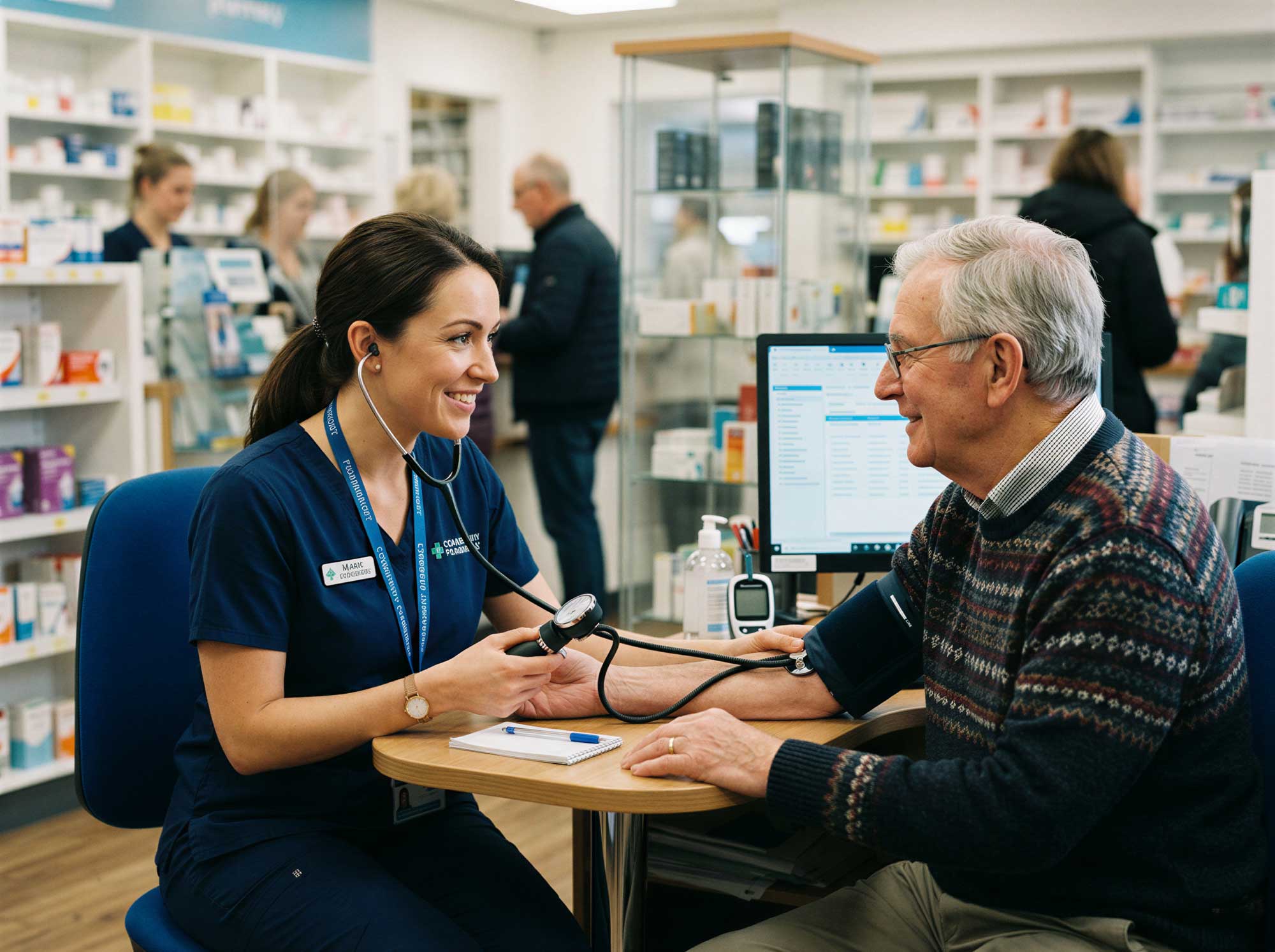 pharmacist taking blood pressure